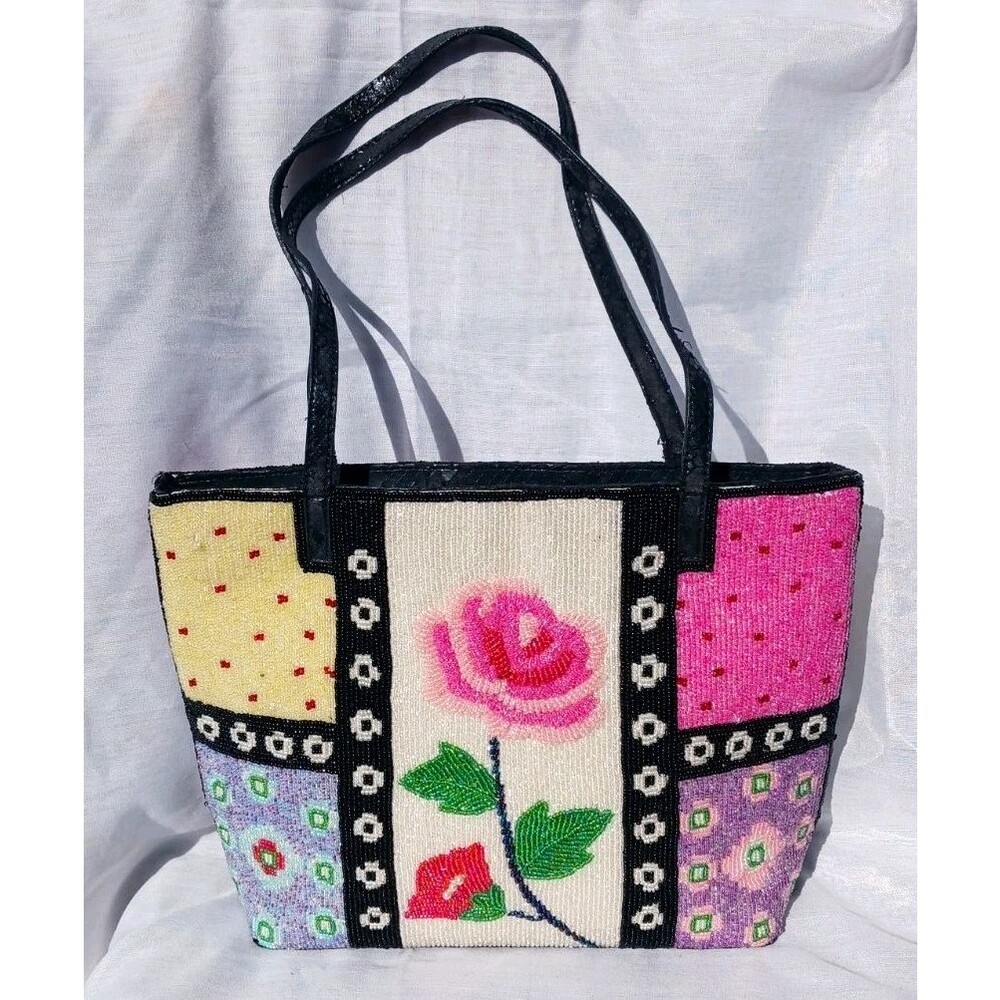 Vintage Pink Rose Beaded Patchwork Multicolor Shoulder Tote Bag Purse Y2K READ